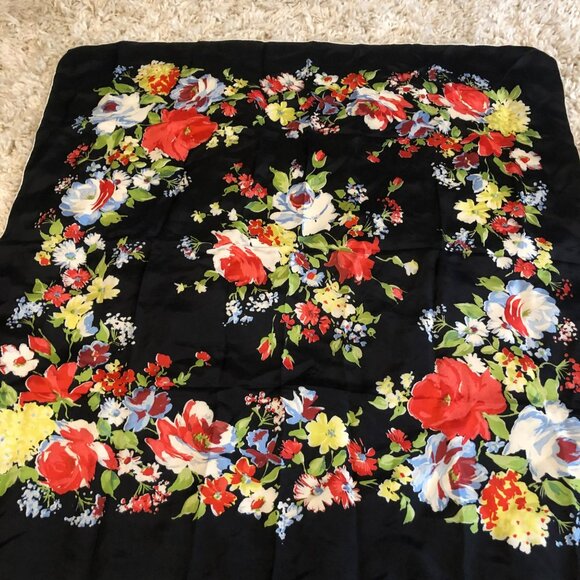 Kimball Accessories - Vtg Scarf by Kimball Floral Hand Rolled Hem Silk 33"x33" Black Red